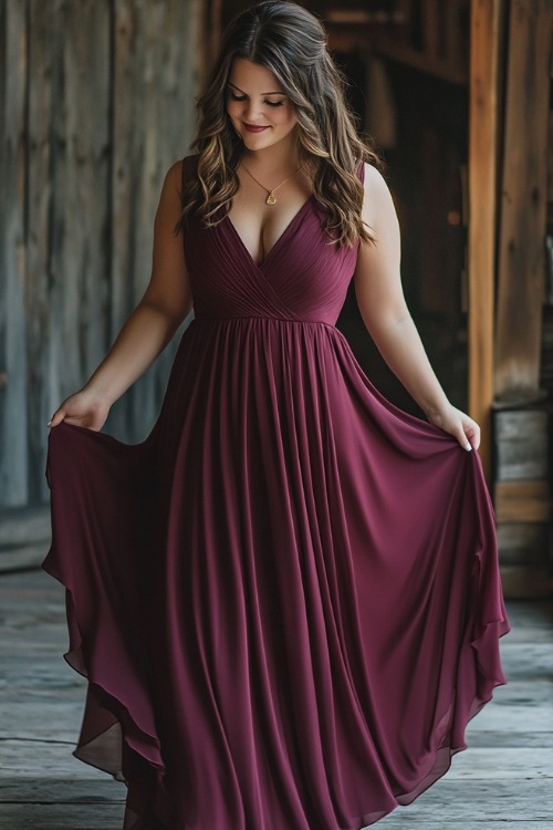 A woman in a burgundy gown with a flowing skirt and a deep neckline, gracefully holding the sides of her dress in a rustic barn setting