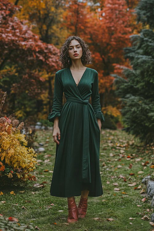 A woman in a deep forest green wrap dress, paired with red ankle boots, standing in a lush garden with colorful autumn foliage