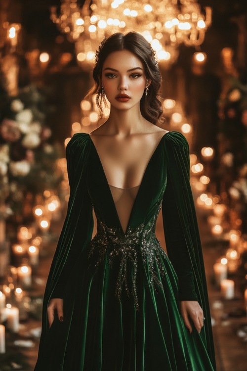 A woman in a deep green velvet gown with intricate beading and a plunging neckline, posing in a candlelit venue with elegant floral decor