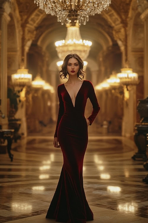 A woman in a fitted, deep red velvet dress with long sleeves, a subtle V-neckline, and knee-length hem (2)