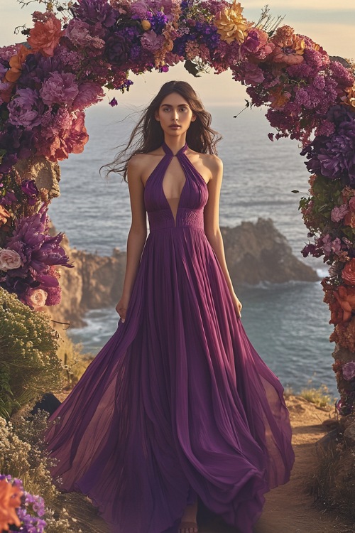 A woman in a flowing purple halter-neck dress, posing beneath a floral arch with the ocean and cliffs in the background