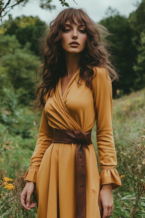 A woman in a mustard yellow wrap dress with a wide brown belt, standing in a meadow surrounded by greenery and wildflowers