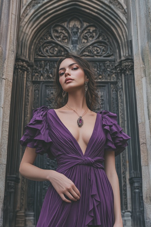 A woman in a plum purple dress with ruffled sleeves and a deep V-neck, standing in front of a gothic-style stone doorway