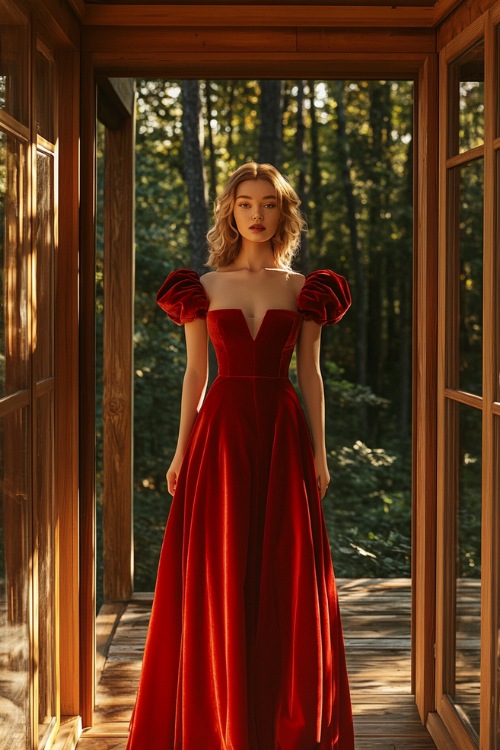 A woman in a scarlet red velvet gown with puffed sleeves, standing in a doorway illuminated by warm sunlight