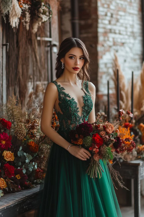 A woman in an emerald green A-line dress with a lace bodice and a tulle skirt stands near a chic urban wedding venue, decorated with autumn-inspired floral arrangements (2)