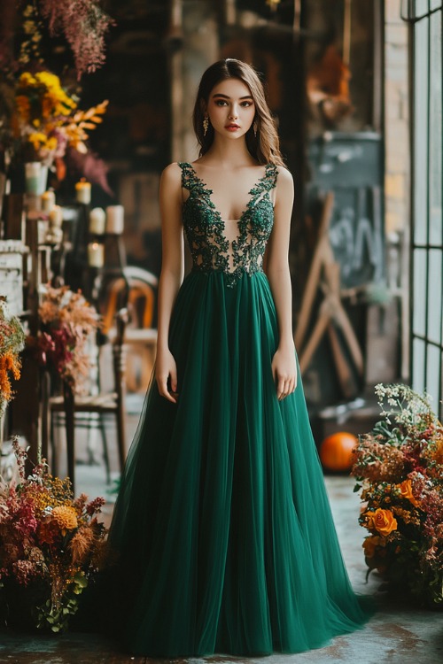 A woman in an emerald green A-line dress with a lace bodice and a tulle skirt stands near a chic urban wedding venue, decorated with autumn-inspired floral arrangements (3)