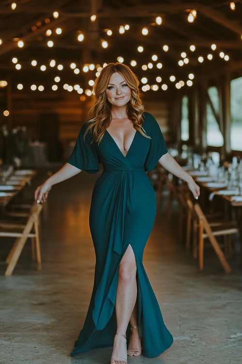 A woman wearing a deep teal wrap dress with a front slit, walking confidently inside a rustic barn venue adorned with warm string lights