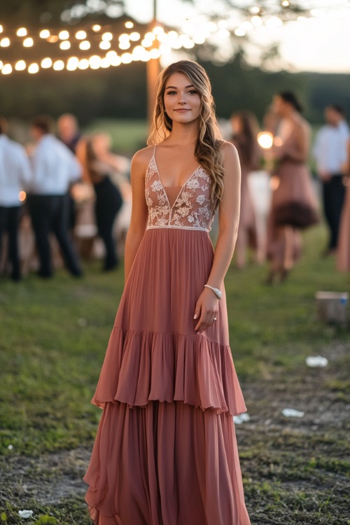 A woman wearing a dusty rose tiered dress with lace details, standing outdoors under warm string lights at a fall wedding reception