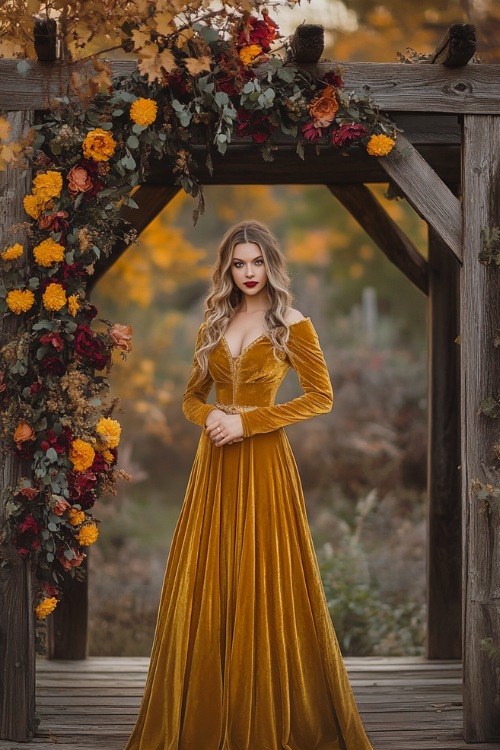 A woman wearing a mustard velvet gown with an off-the-shoulder neckline, standing under a floral archway surrounded by autumn foliage