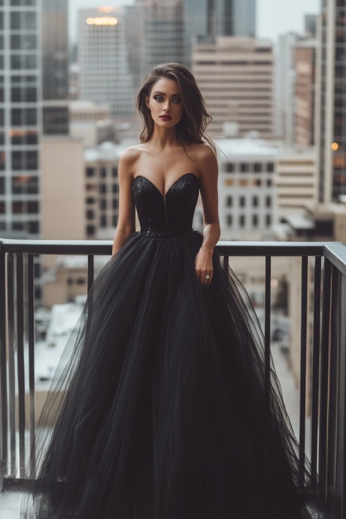 A woman wearing a strapless black tulle ball gown with a sequined bodice, standing on a balcony overlooking a modern cityscape