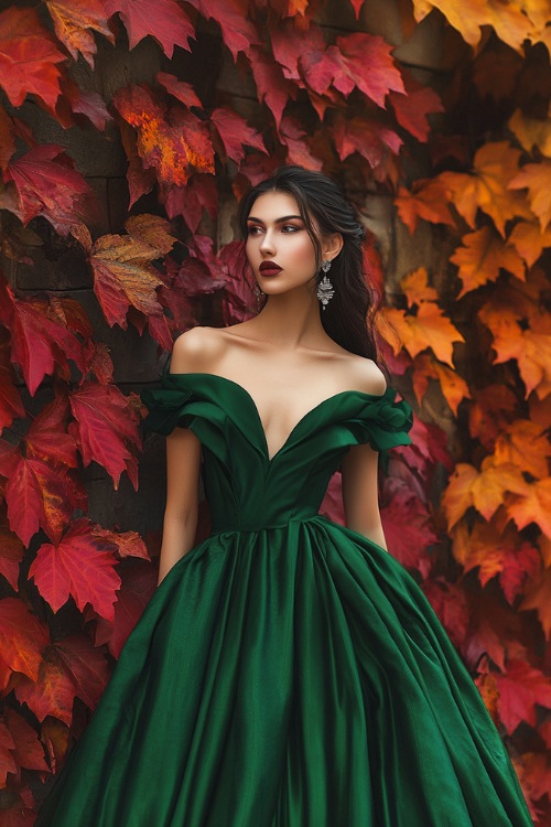 A woman wearing an emerald green off-the-shoulder ball gown, posing against a vibrant backdrop of red autumn leaves