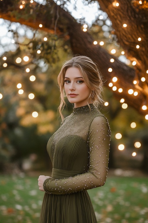 A woman wearing an olive green gown with sheer sleeves embellished with delicate beading, standing under a tree wrapped in fairy lights