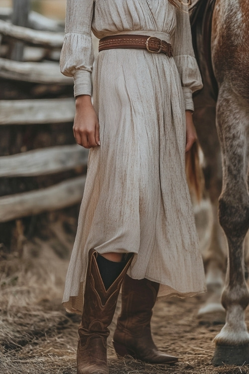 A woman wears a beige dress and brown cowboy boots