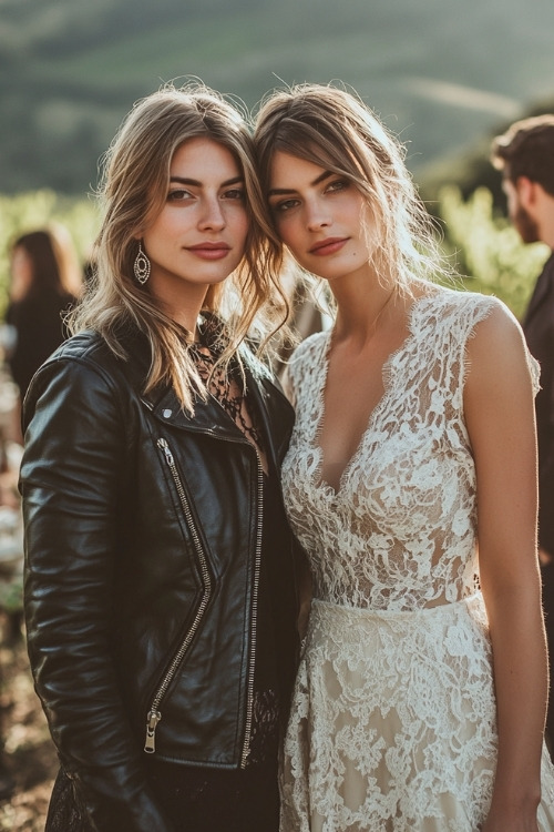 A woman wears a black leather jacket over a lace wedding guest dress, standing next to the bride at an intimate wedding in a vineyard