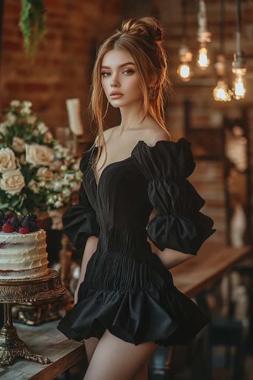 A woman wears a black short wedding guest dress with puff sleeves