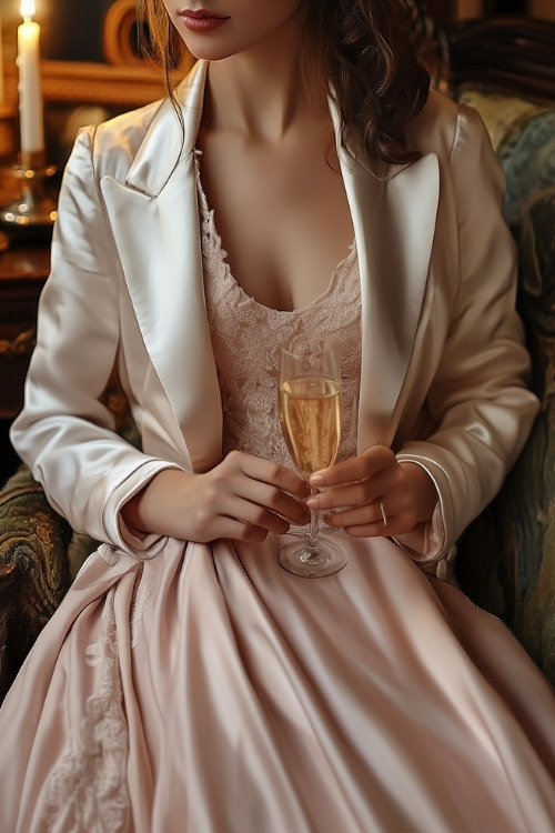 A woman wears a blush pink ball gown and a white satin jacket, holding a glass of champagne at a black-tie wedding reception by candlelight (2)