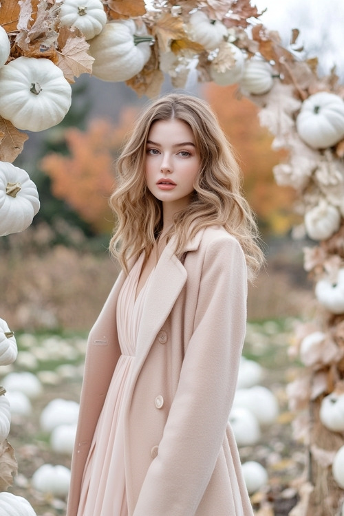 A woman wears a blush pink dress with a long beige coat, posing near an elegant wedding arch adorned with white pumpkins