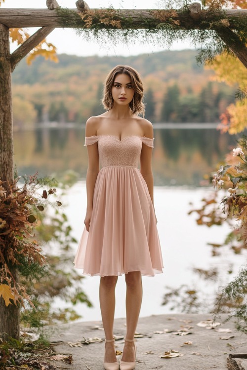 A woman wears a blush pink short fall wedding guest dress with an off-the-shoulder neckline and lace detailing, paired with beige heels