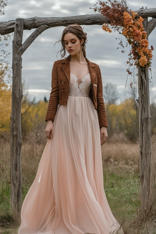 A woman wears a blush wedding guest dress with a brown suede jacket, standing near a wedding arch under a cloudy autumn sky