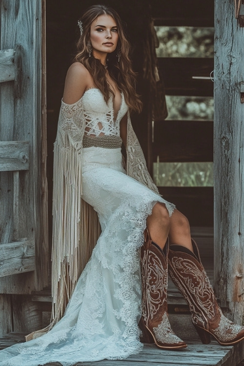 A woman wears a bohemian wedding dress with a fringed shawl and embroidered cowboy boots