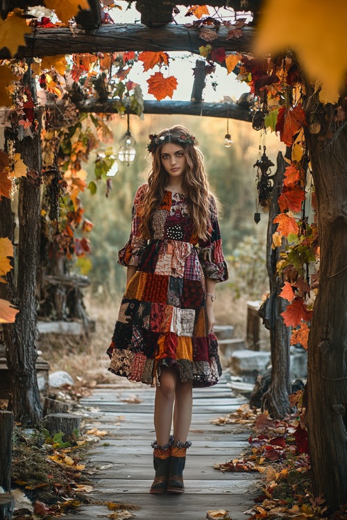 A woman wears a boho patchwork midi dress with ankle boots, standing near a whimsical wedding reception under a canopy of fall leaves