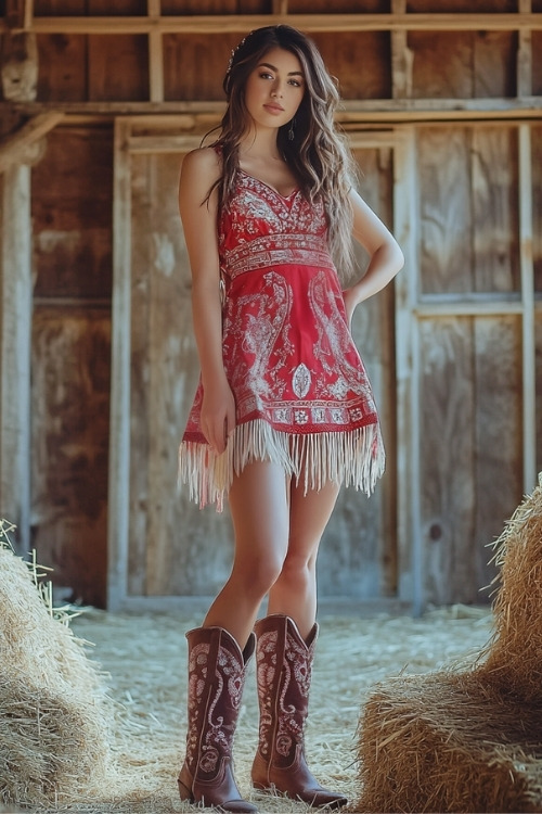 A woman wears a boho red dress with a fringe hem and brown cowboy boots