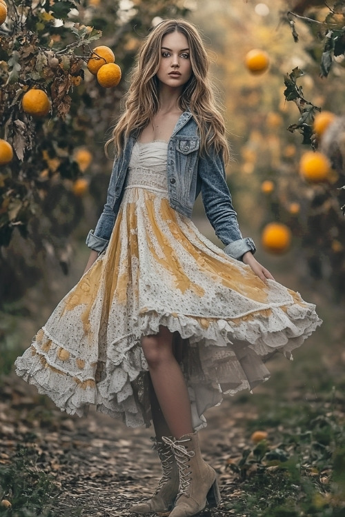 A woman wears a boho-style wedding guest dress with a frayed denim jacket and ankle boots, posing near a wedding photo wall with soft autumn lighting