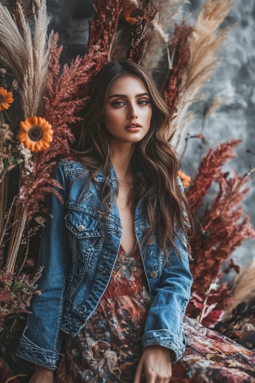 A woman wears a boho-style wedding guest dress with a frayed denim jacket and ankle boots