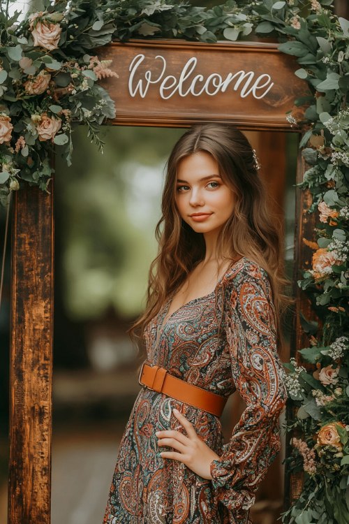 A woman wears a boho wedding guest dress with paisley patterns (1)