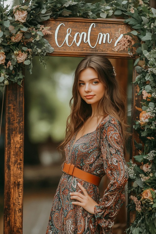 A woman wears a boho wedding guest dress with paisley patterns