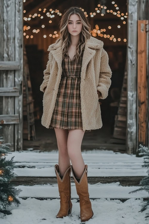 A woman wears a brown plaid wedding guest dress with a beige fur coat and brown cowboy boots