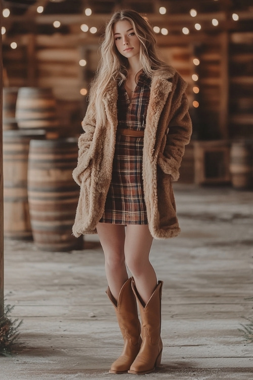 A woman wears a brown plaid wedding guest dress with a brown fur coat and brown cowboy boots