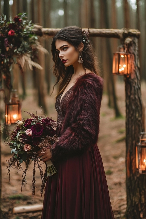 A woman wears a burgundy dress with a faux fur jacket, attending a forest wedding with a rustic wooden altar and glowing lanterns (2)