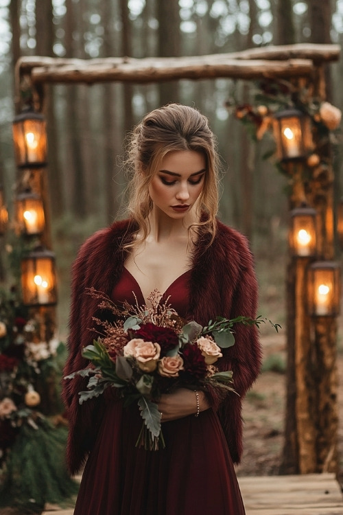 A woman wears a burgundy dress with a faux fur jacket, attending a forest wedding with a rustic wooden altar and glowing lanterns