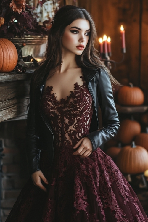 A woman wears a burgundy lace dress with a black leather jacket, posing near a wedding fireplace with candles and pumpkins