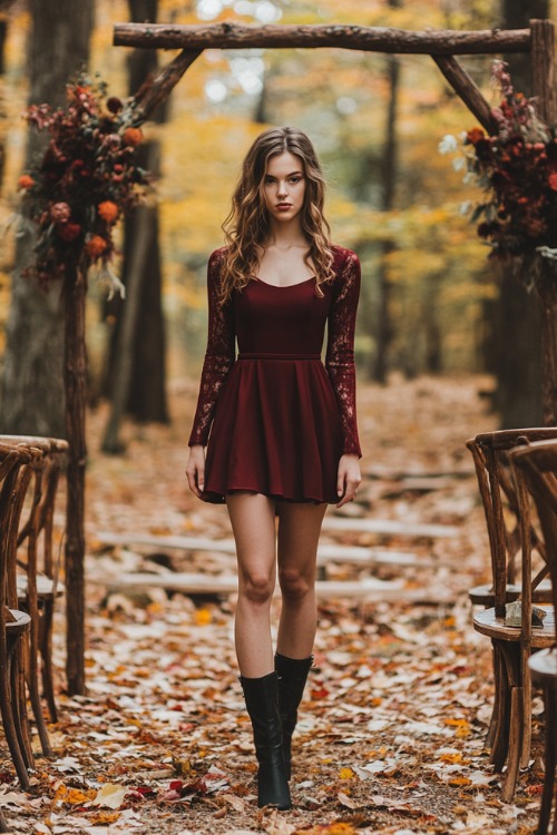 A woman wears a burgundy short fall wedding guest dress with long sleeves and a cinched waist, paired with black ankle boots