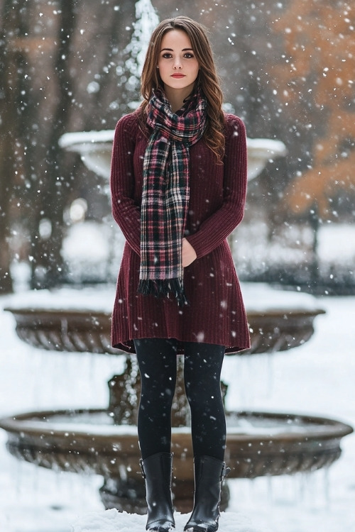 A woman wears a burgundy sweater dress as a wedding guest dress with black tights and black boots