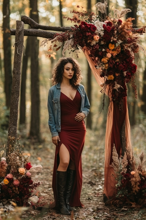 A woman wears a burgundy wrap dress with a fitted jeans jacket and knee-high boots,