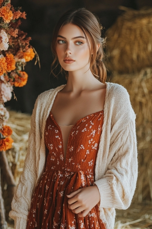 A woman wears a burnt orange dress with a cream cardigan, attending an October wedding with hay bales and floral decor