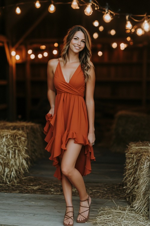 A woman wears a burnt orange short fall wedding guest dress with a wrap design and ruffle hem, paired with strappy sandals