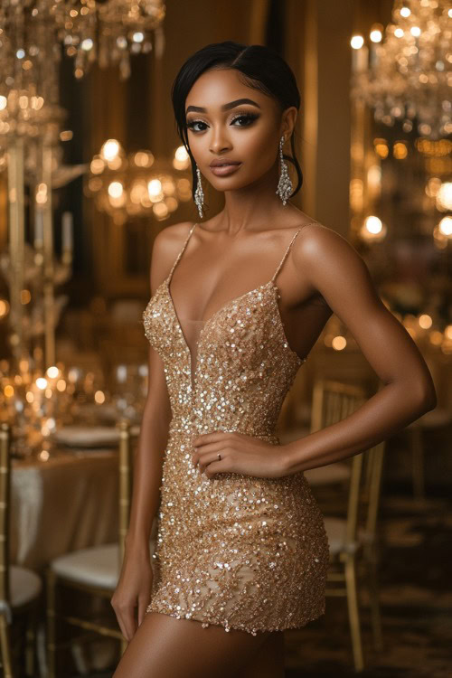 A woman wears a champagne-colored short fall wedding guest dress with a sweetheart neckline and sequin embellishments, posing at a luxurious indoor wedding reception with chandeliers (2)