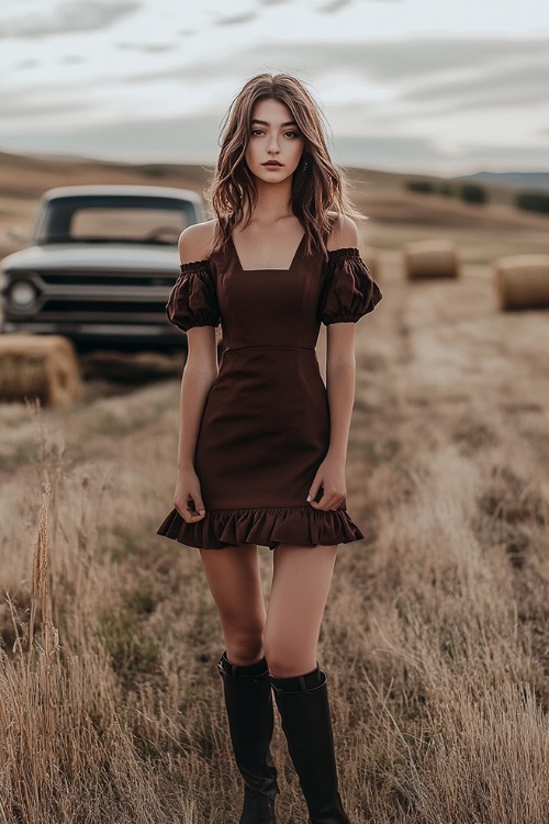 A woman wears a chocolate brown short fall wedding guest dress with a square neckline and puff sleeves, paired with ankle boots, standing at a countryside wedding with rolling hills, hay bales