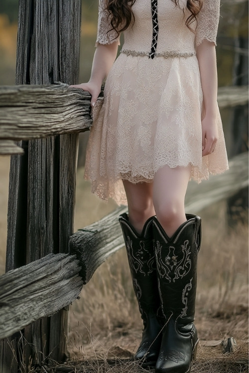 A woman wears a cream lace dress and black cowboy boots