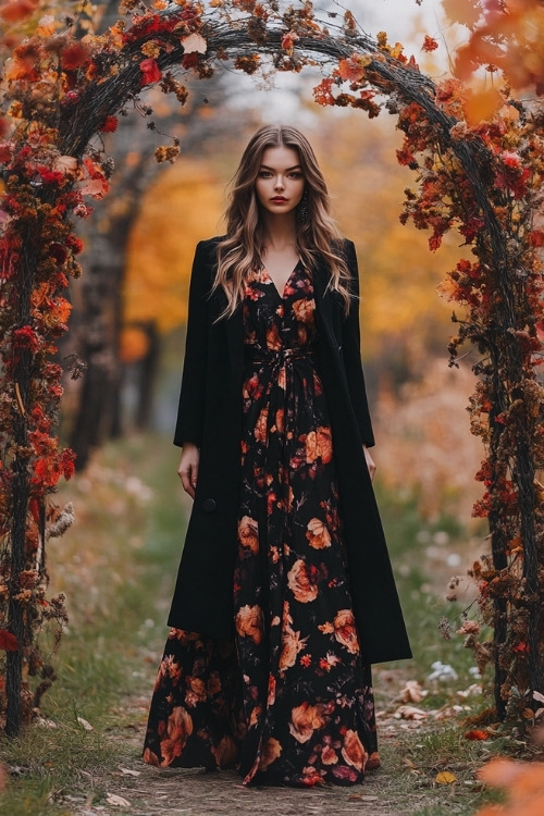 A woman wears a dark floral maxi dress with a belted wool coat, posing near the wedding ceremony arch set among colorful fall trees