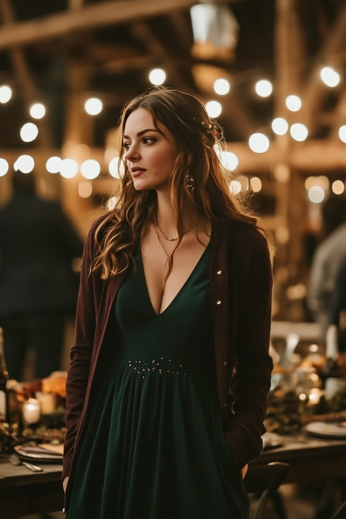 A woman wears a dark green dress with a burgundy jacket, attending a cozy barn wedding reception with string lights and autumn decorations