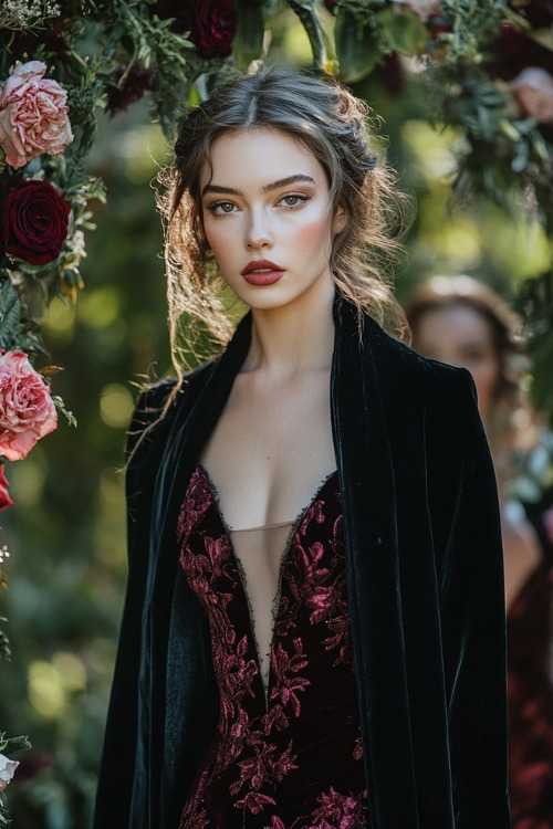 A woman wears a deep burgundy velvet dress with a long black coat, posing for photos with the wedding party in front of a floral arch