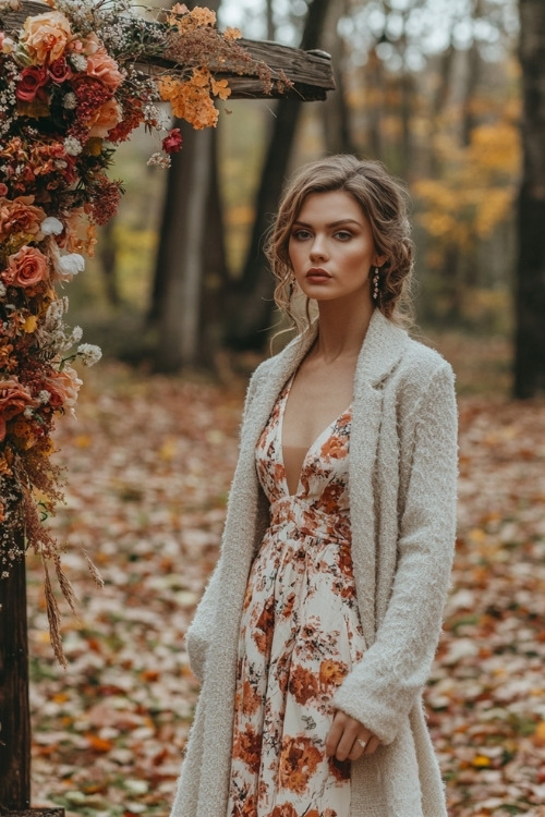 A woman wears a floral dress with a light wool coat, standing near a rustic outdoor wedding altar with autumn leaves on the ground