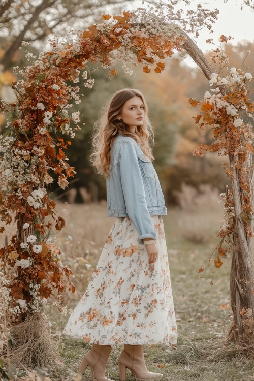 A woman wears a floral midi wedding guest dress with a light blue cropped jeans jacket, paired with ankle boots, standing by an elegant wedding arch adorned with autumn flowers