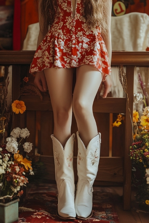 A woman wears a floral red dress and white cowboy boots