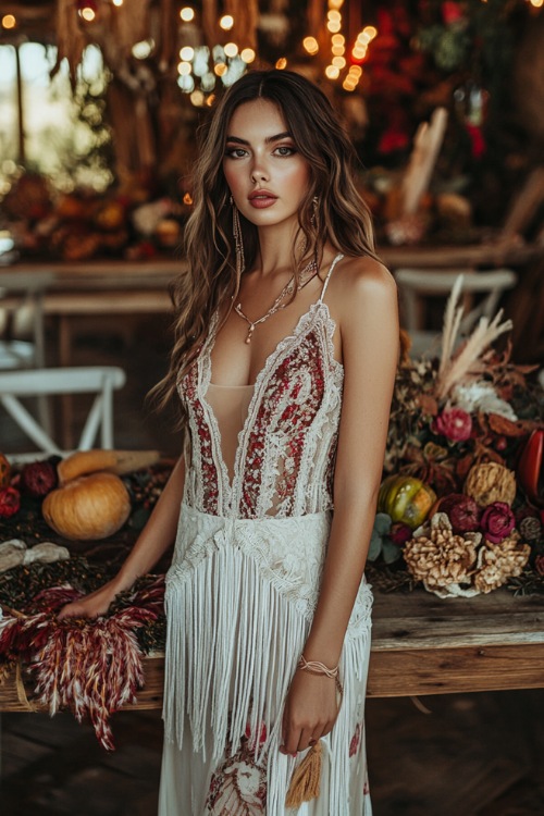 A woman wears a floral wedding guest dress with a deep V neckline, lace detailing, and fringe accents